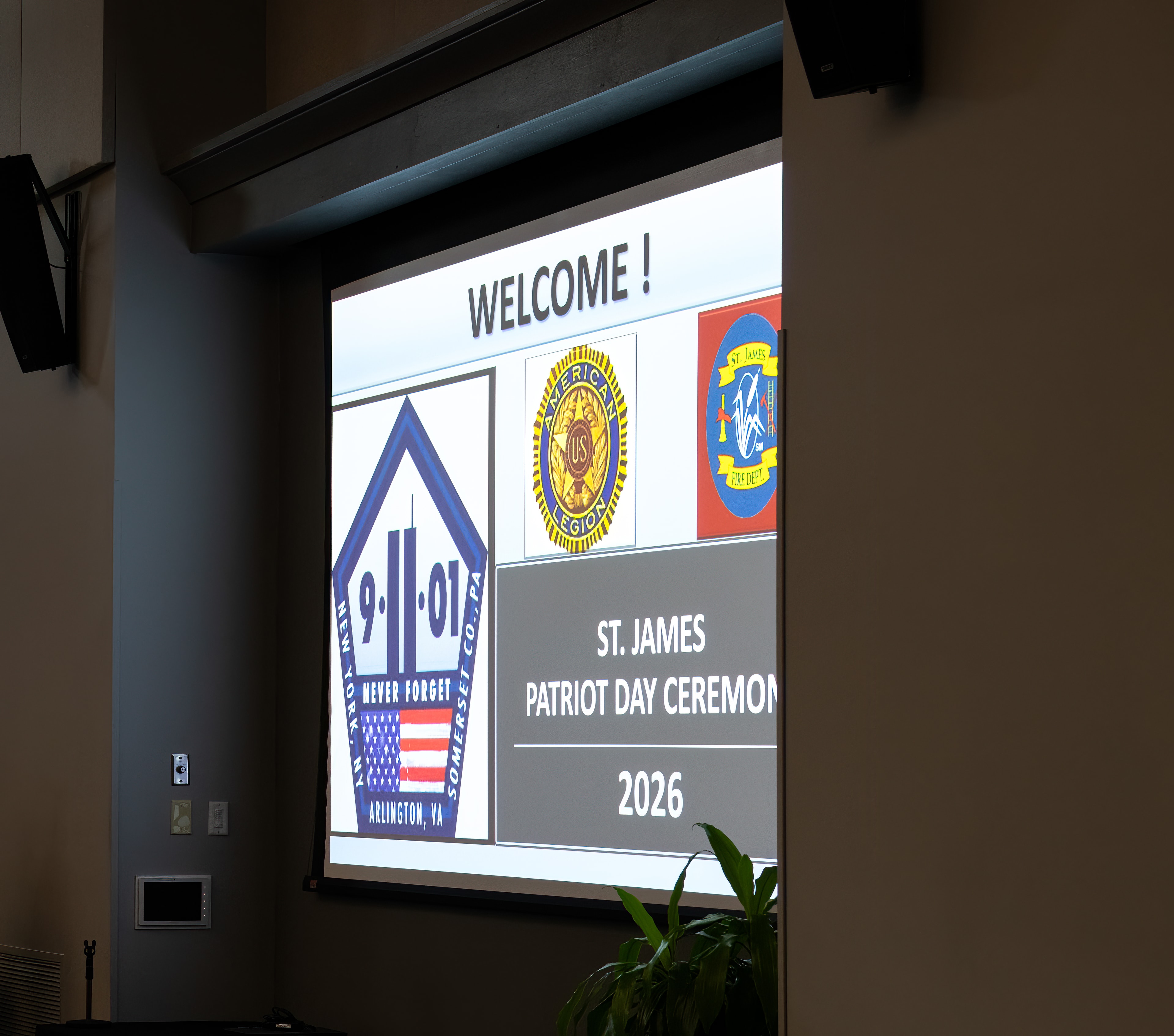 Welcome screen for the St. James Patriot Day Ceremony 2026 featuring American Legion and SJFD logos