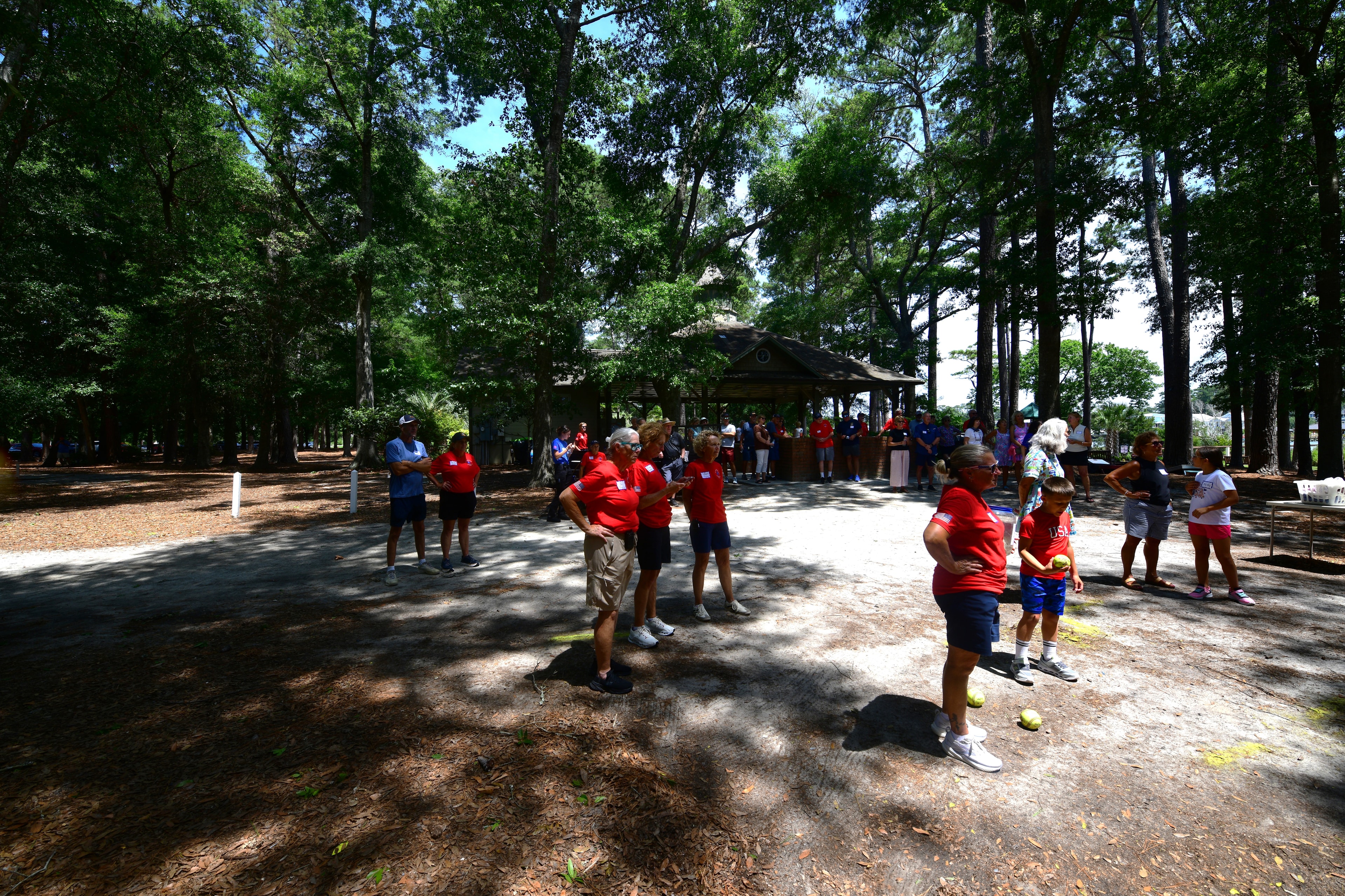 Volunteers and guests gathered outdoors in the park for picnic activities