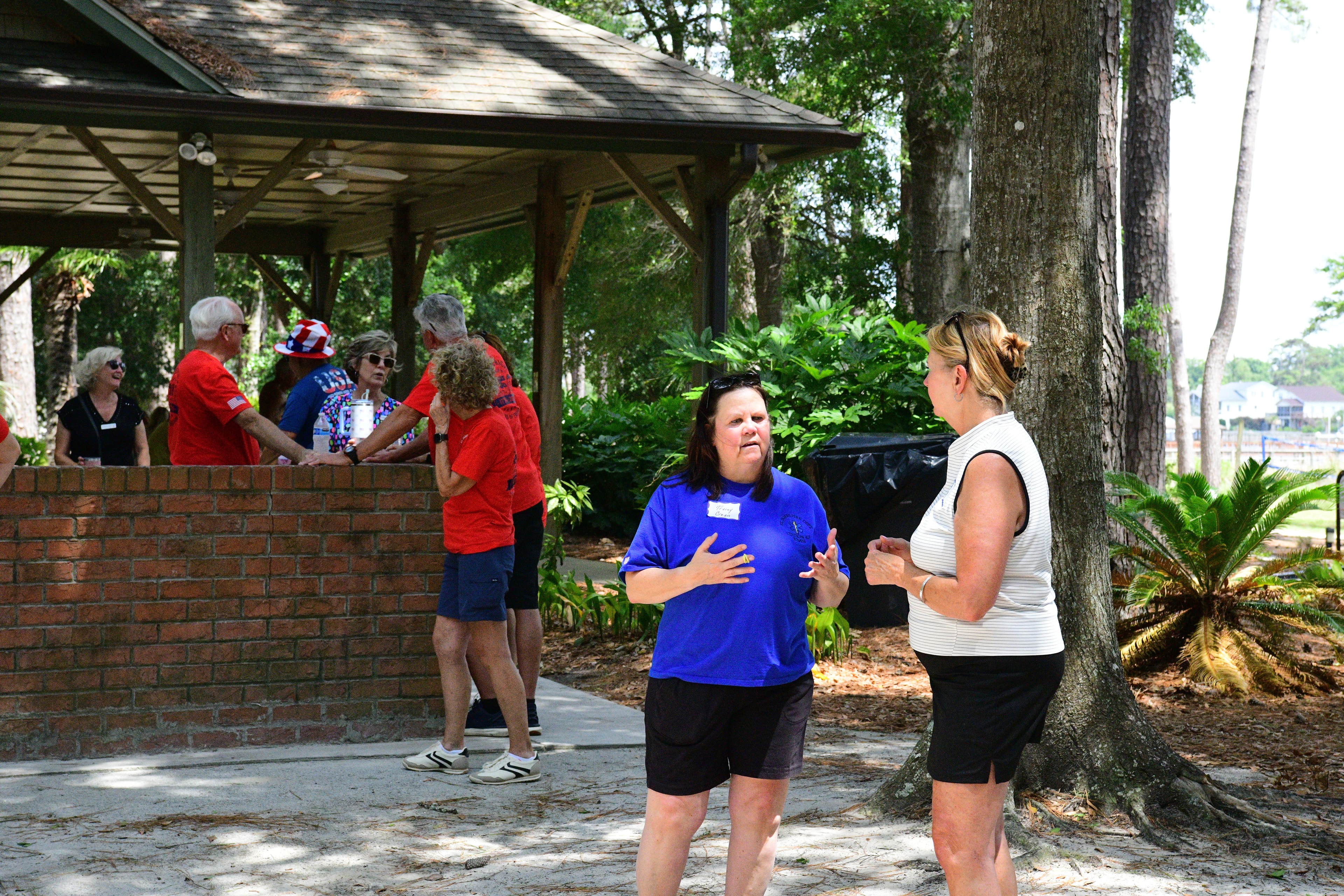 Two volunteers in conversation near the pavilion during the picnic